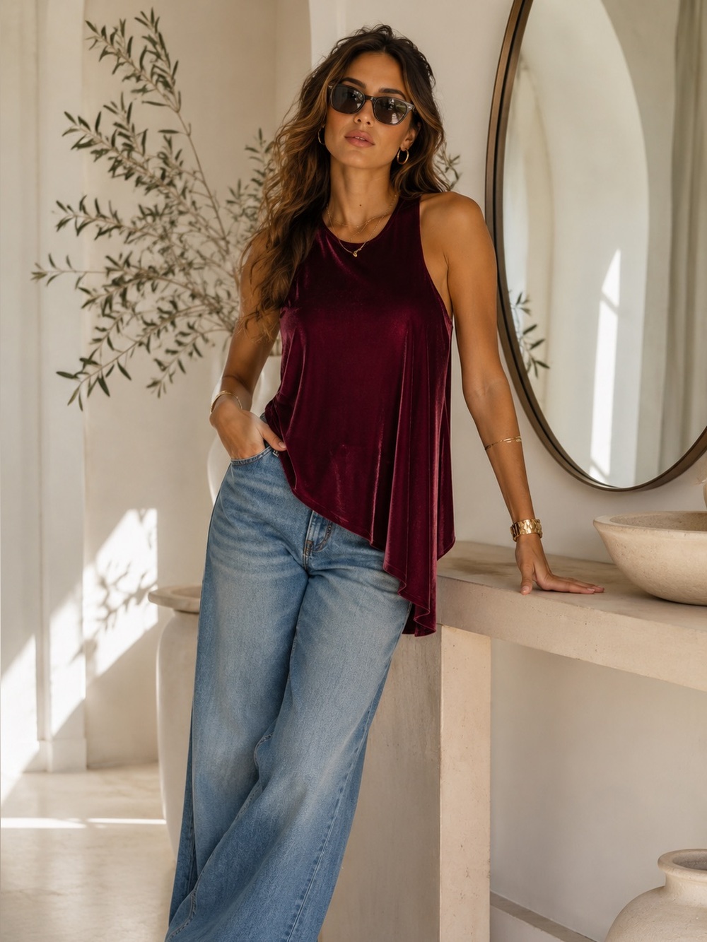 CINQ A SEPT Dylan Asymmetrical Draped Racerback Wine Burgundy Velvet Tank Size M